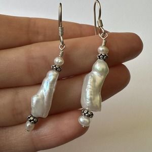 Vintage Sterling Silver Earrings Tassel With Pearl Baroque